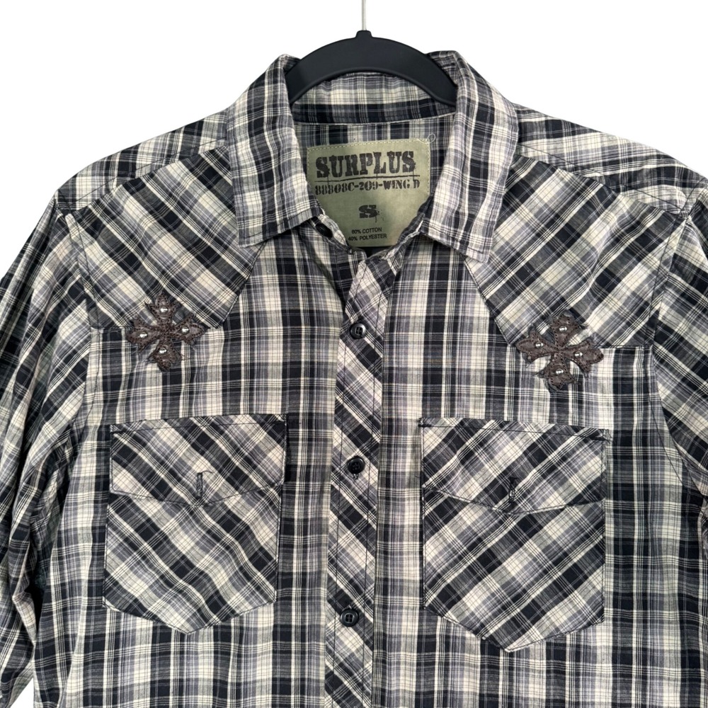 Surplus Mens Plaid Pearl‎ Snap Western Shirt Embroidered Y2K Gorpcore Utility S